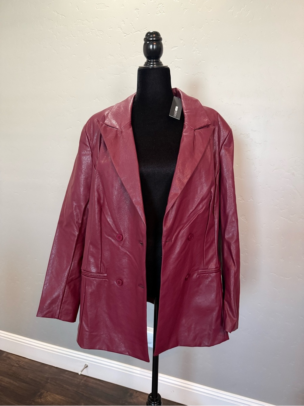 Fashion Nova Burgundy Faux Leather Double-Breasted Blazer